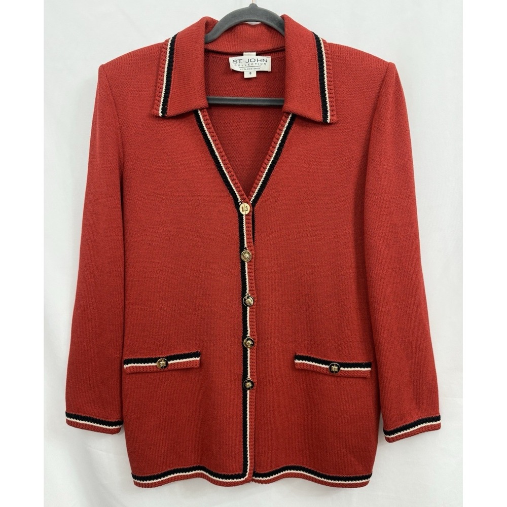 VTG St. John Collection by Marie Gray Red Santana Knit Jacket Cardigan Womens 8